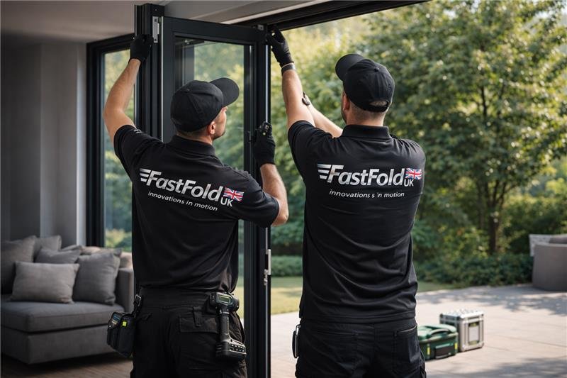 FastFold UK installers fitting aluminium bi-folding doors