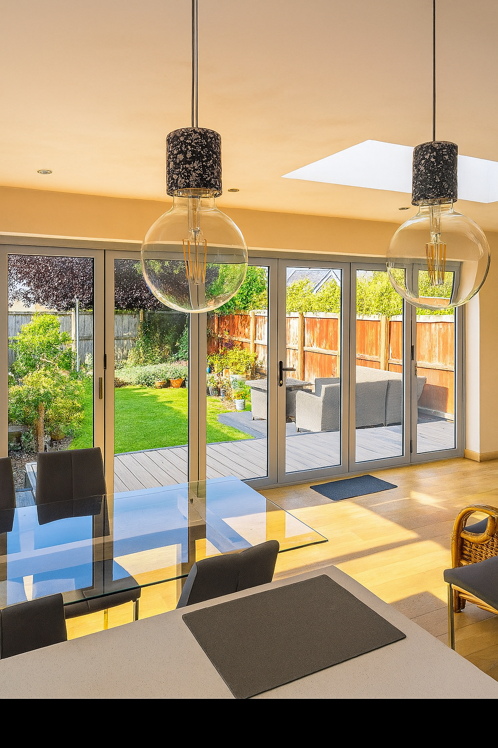 Aluminium bi-folding doors opening onto a garden