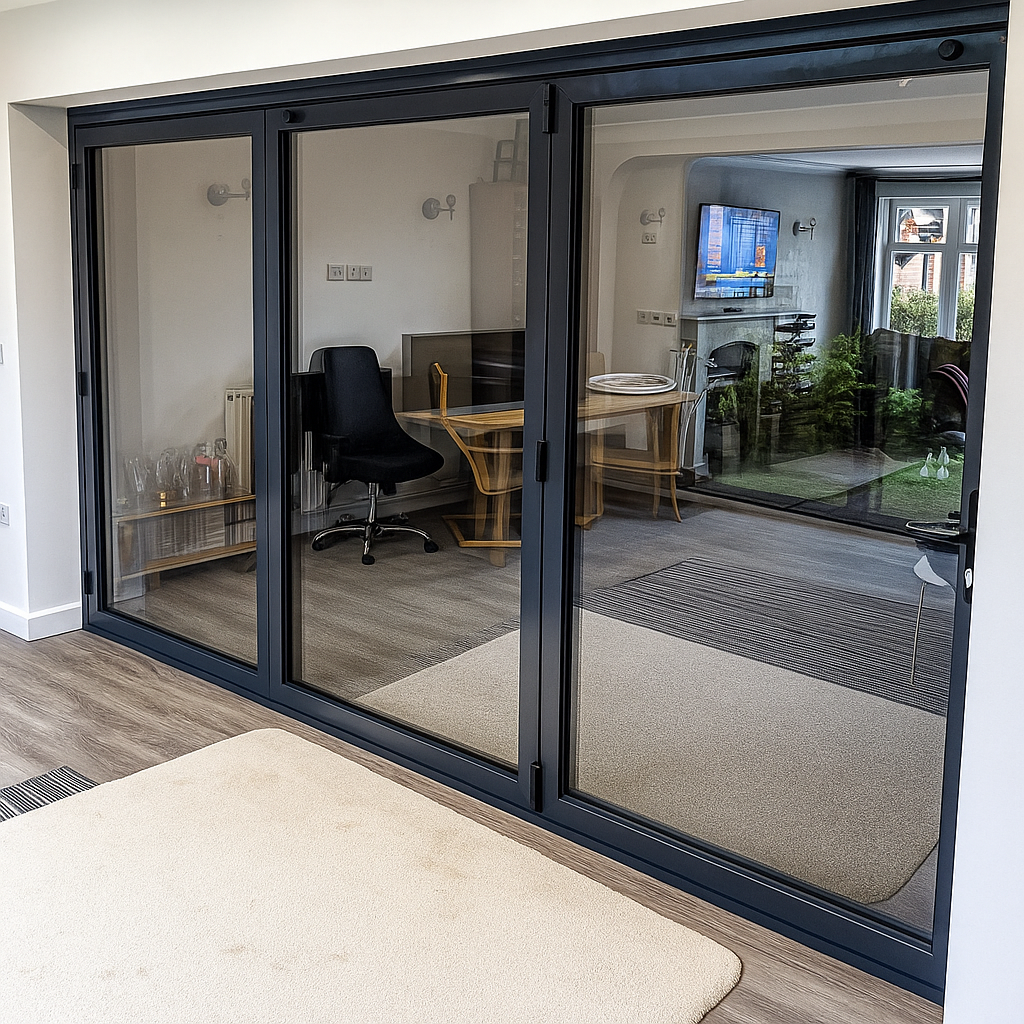 Black aluminium sliding doors in a home office