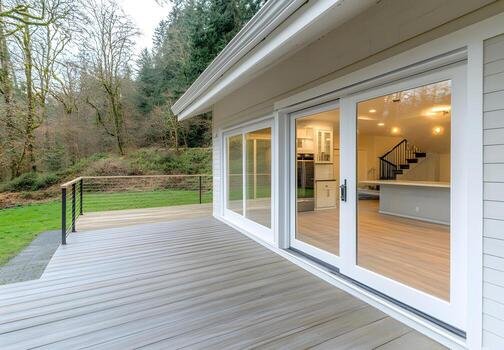 Aluminium sliding doors opening onto a garden deck